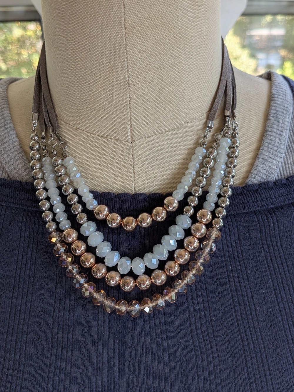 Multi Strand Grey Faux Suede & Metallic Faceted Bead Layered Necklace